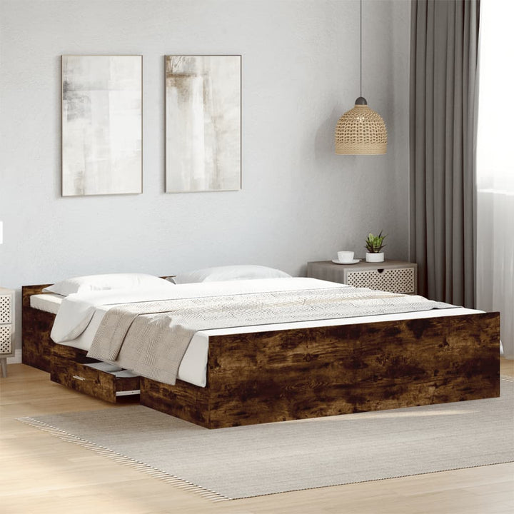 sengeramme med skuffer 150x200 cm konstrueret træ røget eg