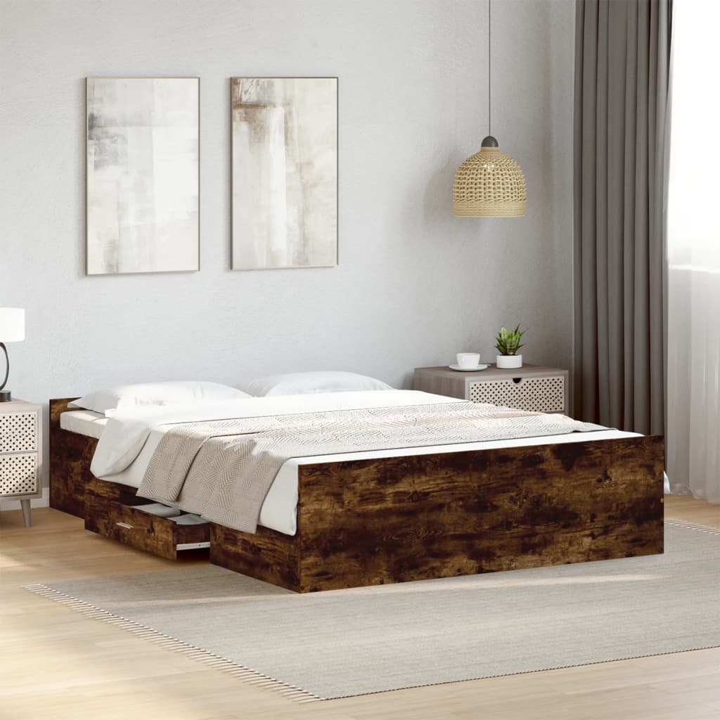 sengeramme med skuffer 135x190 cm konstrueret træ røget eg