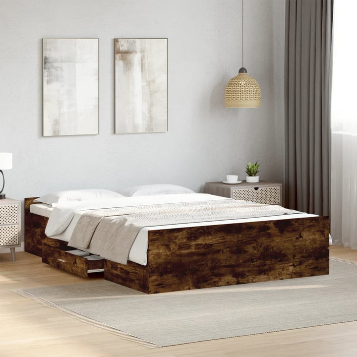 sengeramme med skuffer 135x190 cm konstrueret træ røget eg