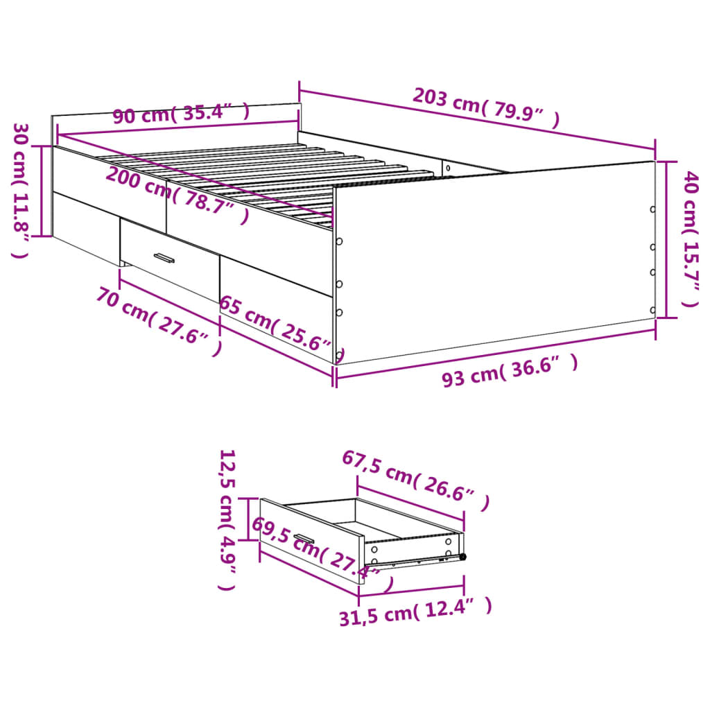 sengeramme med skuffer 90x200 cm konstrueret træ sonoma-eg