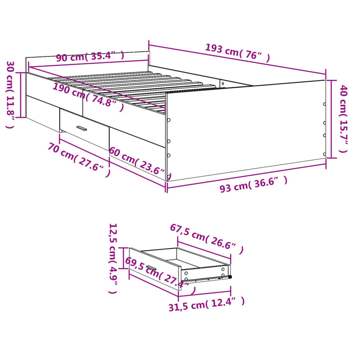 sengeramme med skuffer 90x190 cm konstrueret træ røget eg