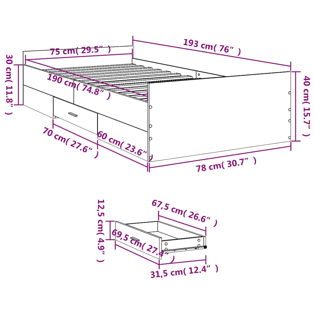 sengeramme med skuffer 75x190 cm konstrueret træ sort
