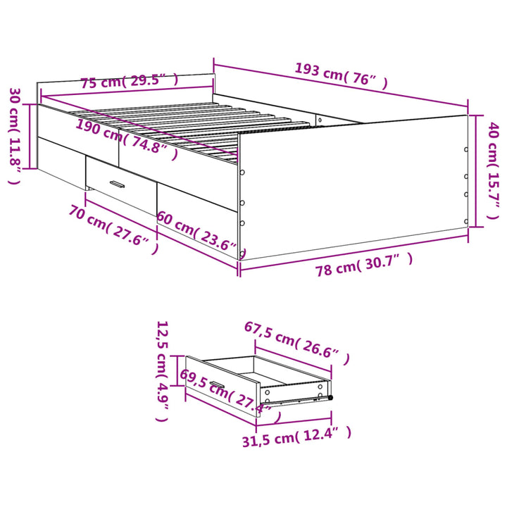 sengeramme med skuffer 75x190 cm konstrueret træ betongrå