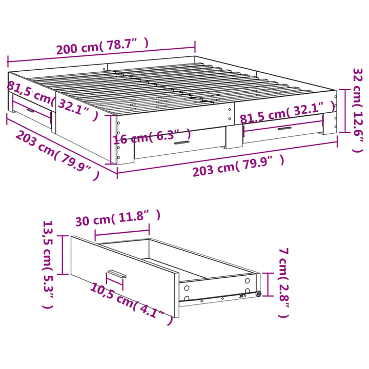 sengeramme med skuffer 200x200 cm konstrueret træ hvid