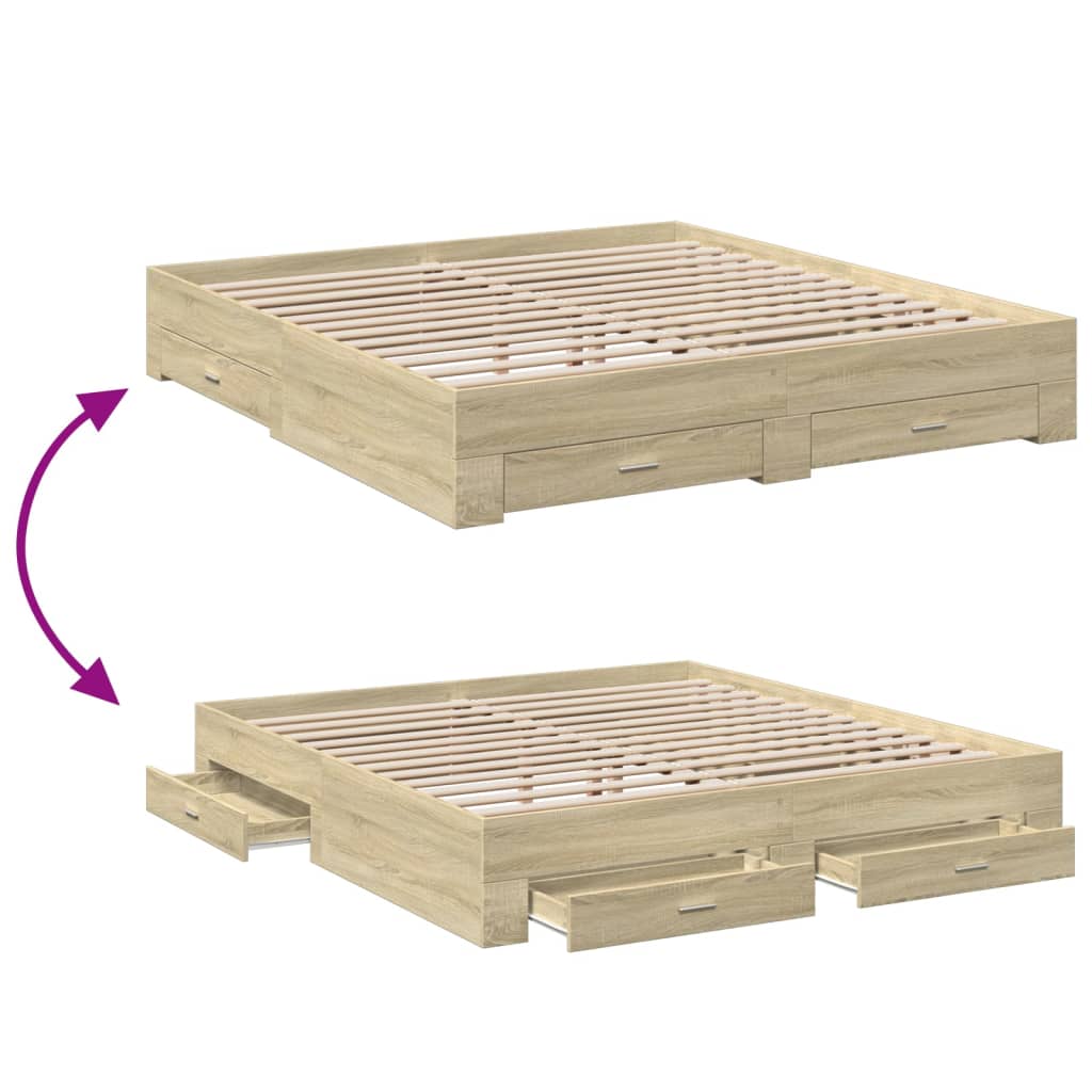 sengeramme med skuffer 200x200 cm konstrueret træ sonoma-eg