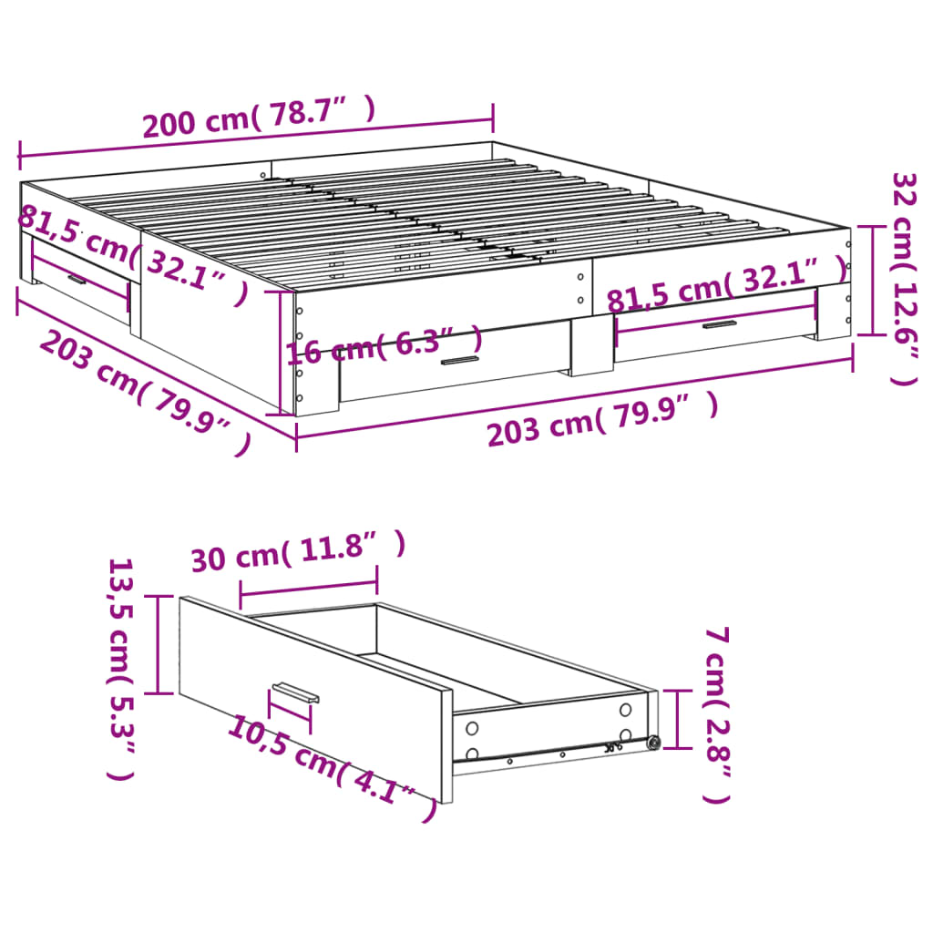 sengeramme med skuffer 200x200 cm konstrueret træ sonoma-eg