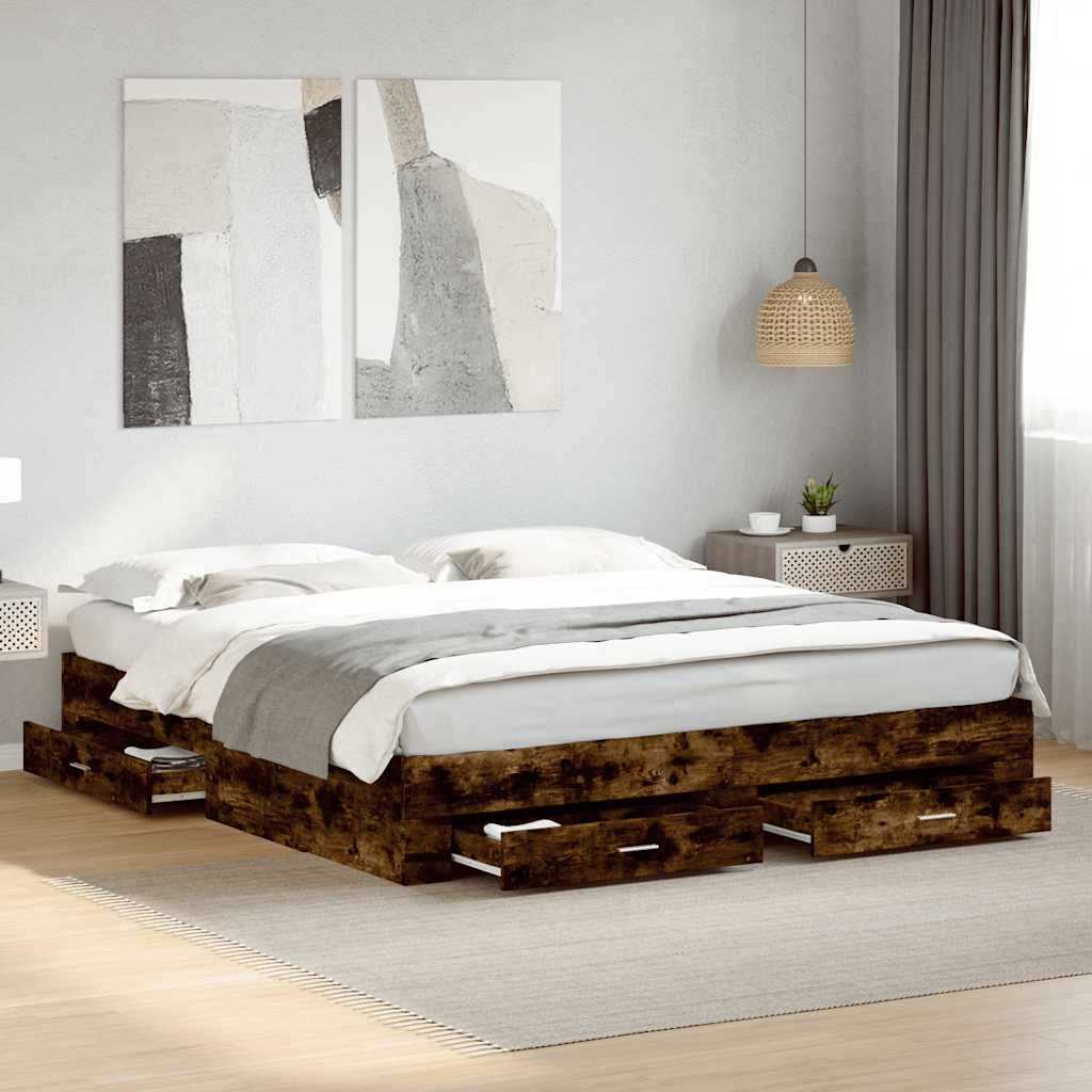 sengeramme med skuffer 180x200 cm konstrueret træ røget eg