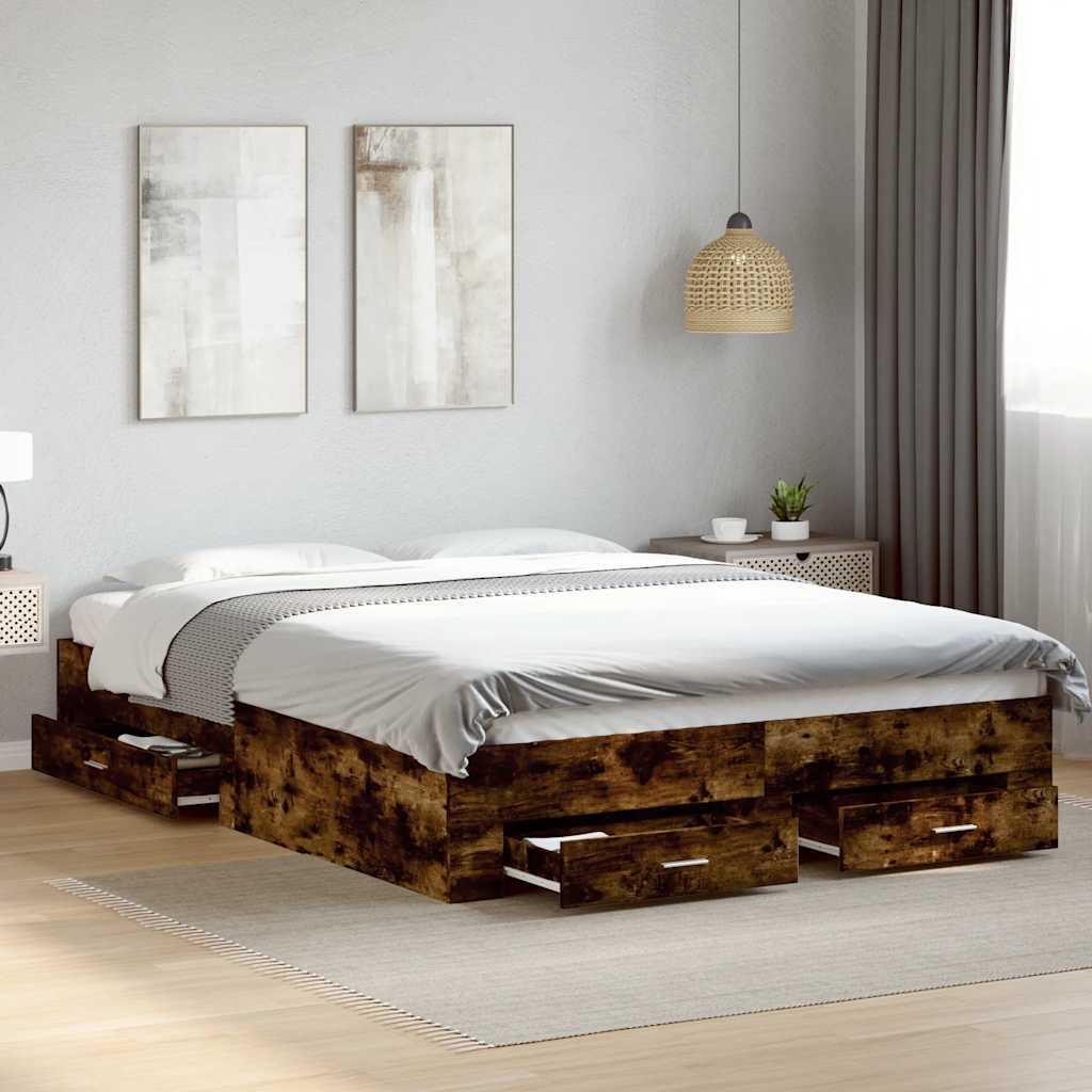 sengeramme med skuffer 150x200 cm konstrueret træ røget eg