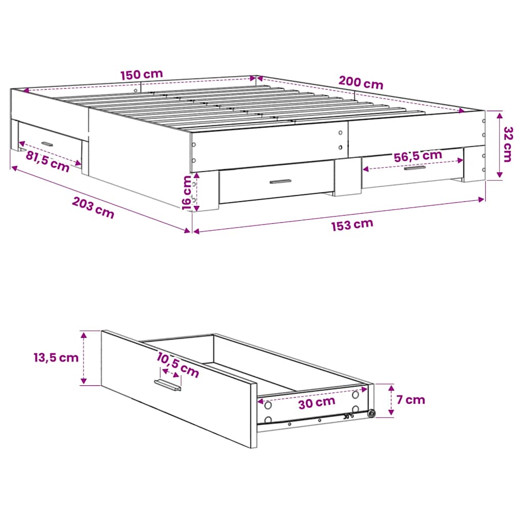 sengeramme med skuffer 150x200 cm konstrueret træ grå sonoma-eg
