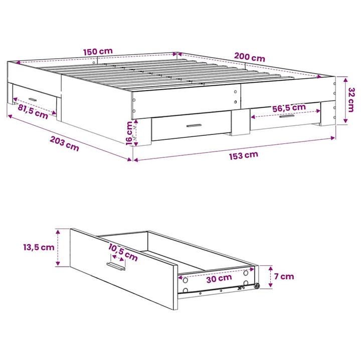 sengeramme med skuffer 150x200 cm konstrueret træ grå sonoma-eg