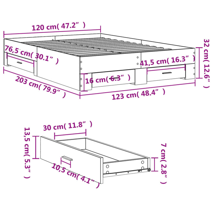 sengeramme med skuffer 120x200 cm konstrueret træ betongrå
