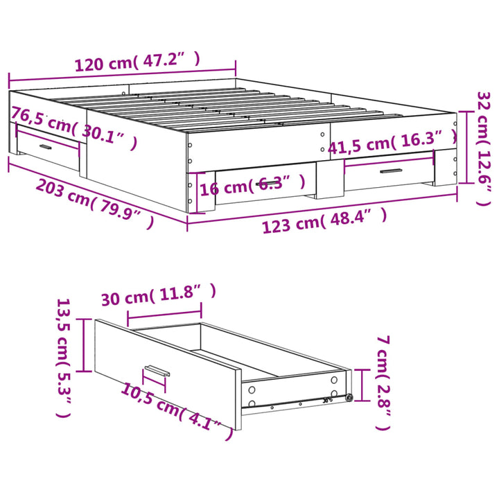 sengeramme med skuffer 120x200 cm konstrueret træ røget eg