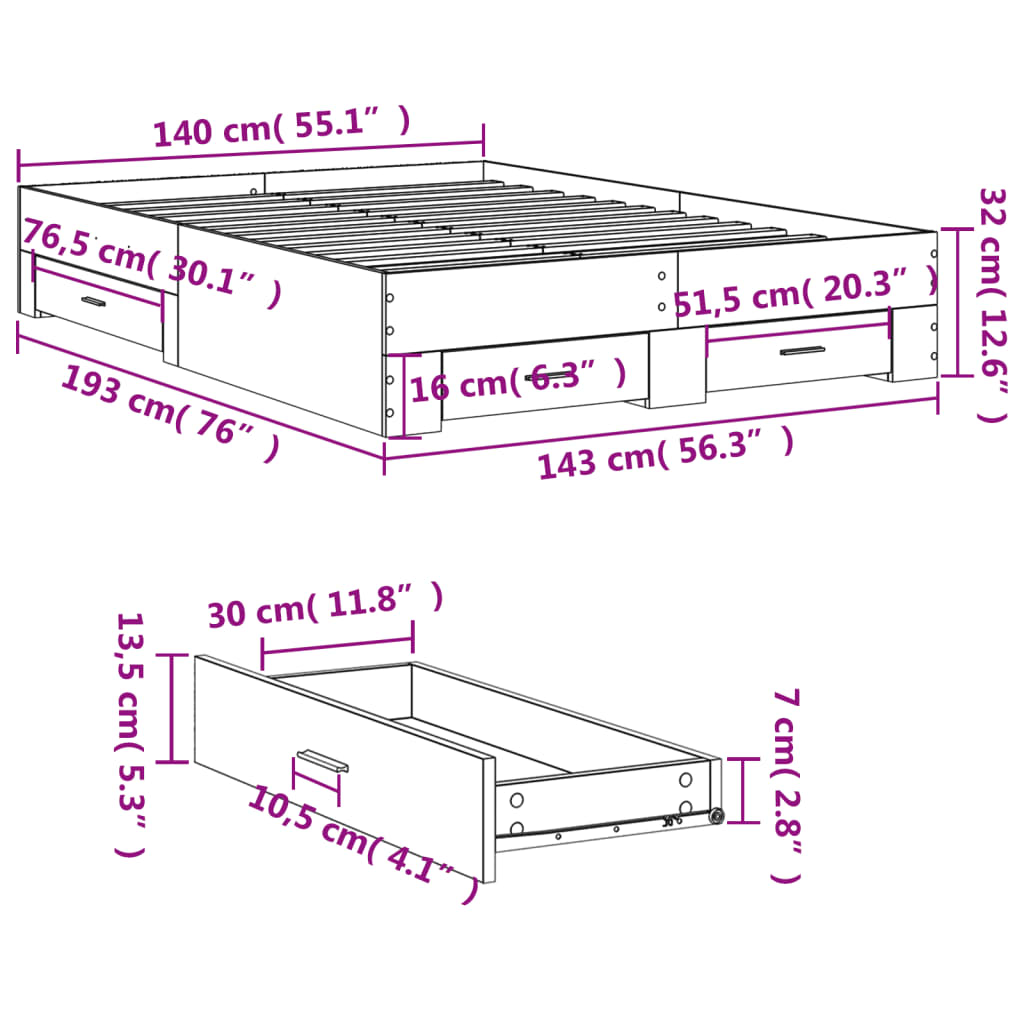 sengeramme med skuffer 140x190 cm konstrueret træ sonoma-eg