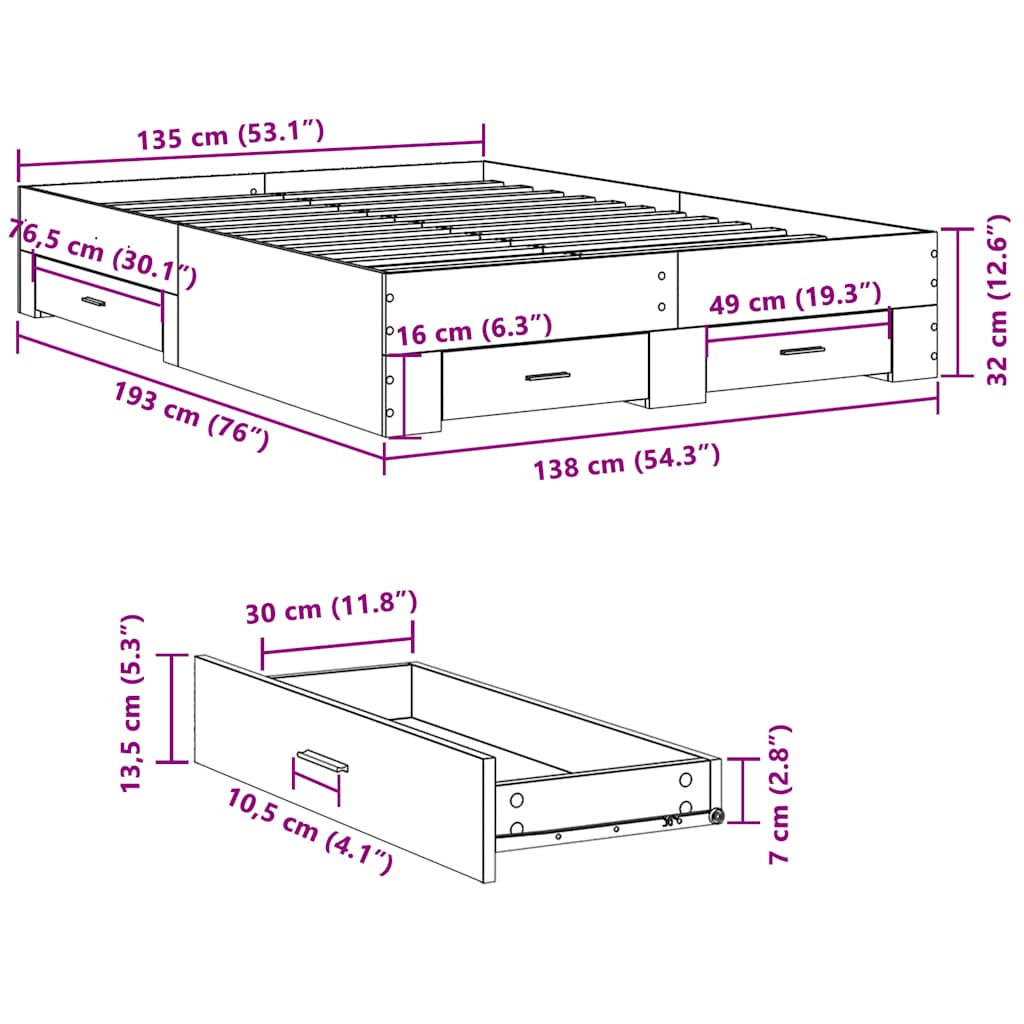 sengeramme med skuffer 135x190 cm konstrueret træ sonoma-eg
