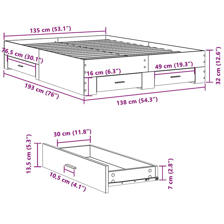 sengeramme med skuffer 135x190 cm konstrueret træ sonoma-eg