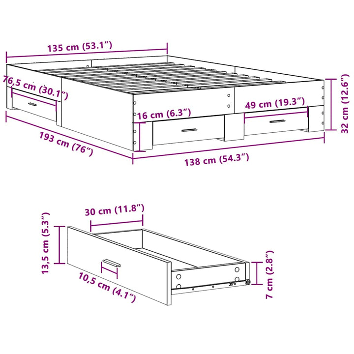 sengeramme med skuffer 135x190 cm konstrueret træ betongrå