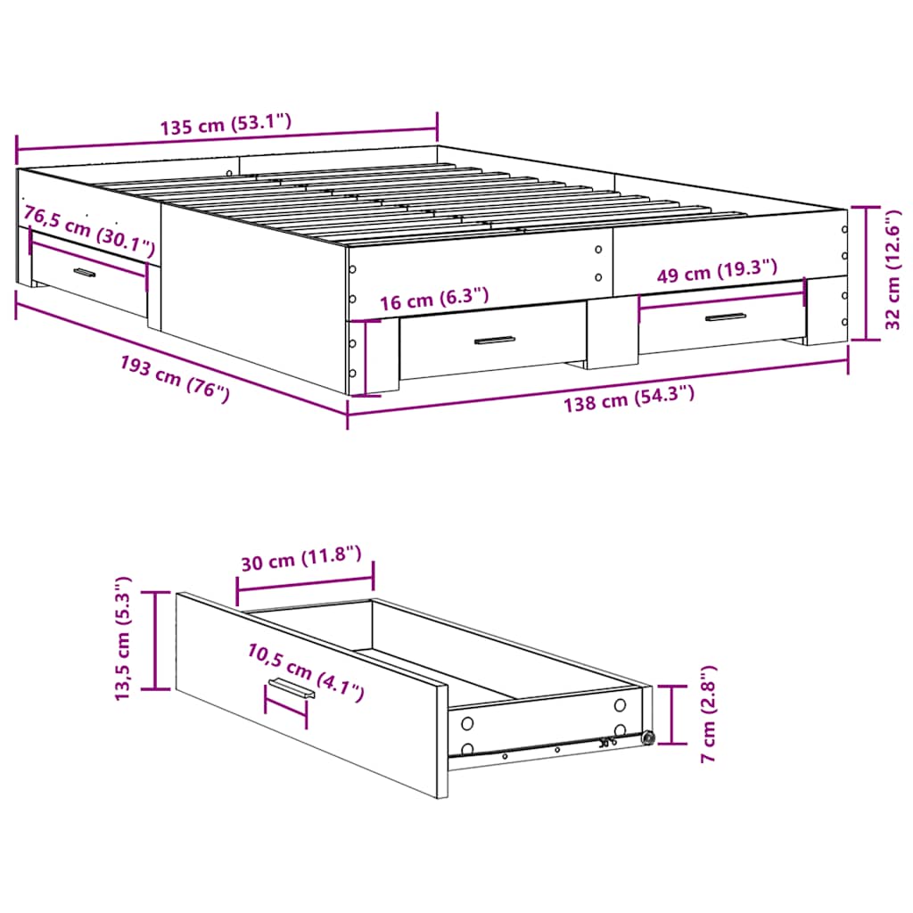 sengeramme med skuffer 135x190 cm konstrueret træ grå sonoma-eg