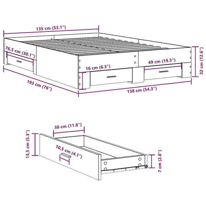 sengeramme med skuffer 135x190 cm konstrueret træ grå sonoma-eg