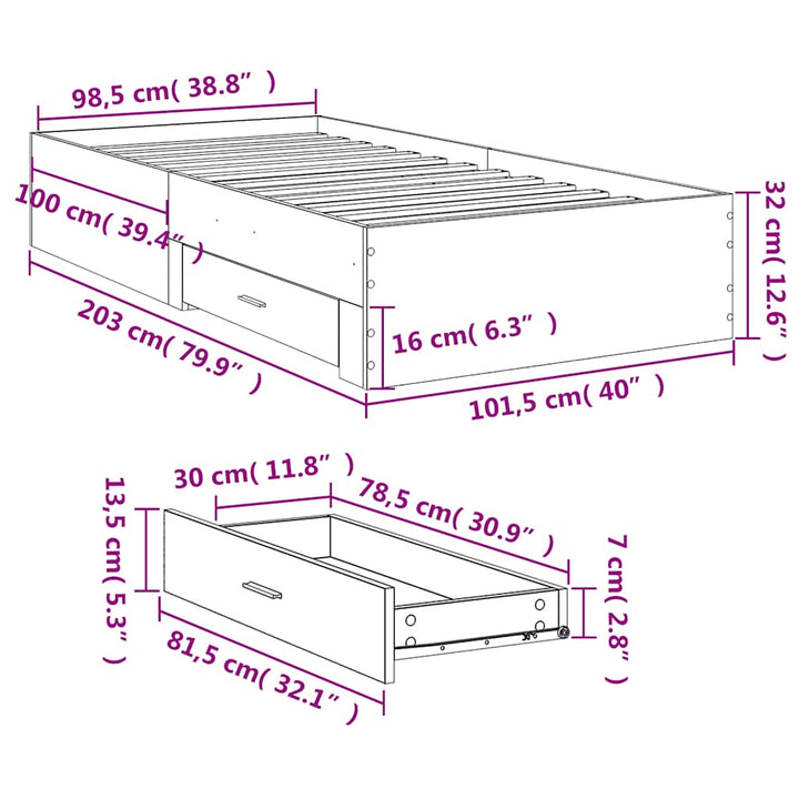 sengeramme med skuffer 100x200 cm konstrueret træ sonoma-eg