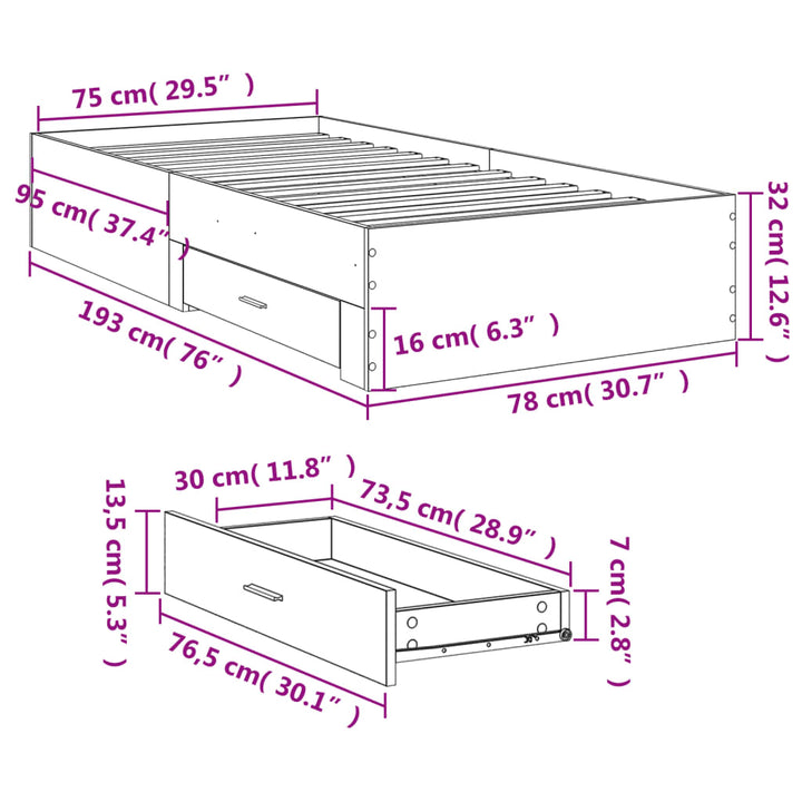 sengeramme med skuffer 75x190 cm konstrueret træ sonoma-eg