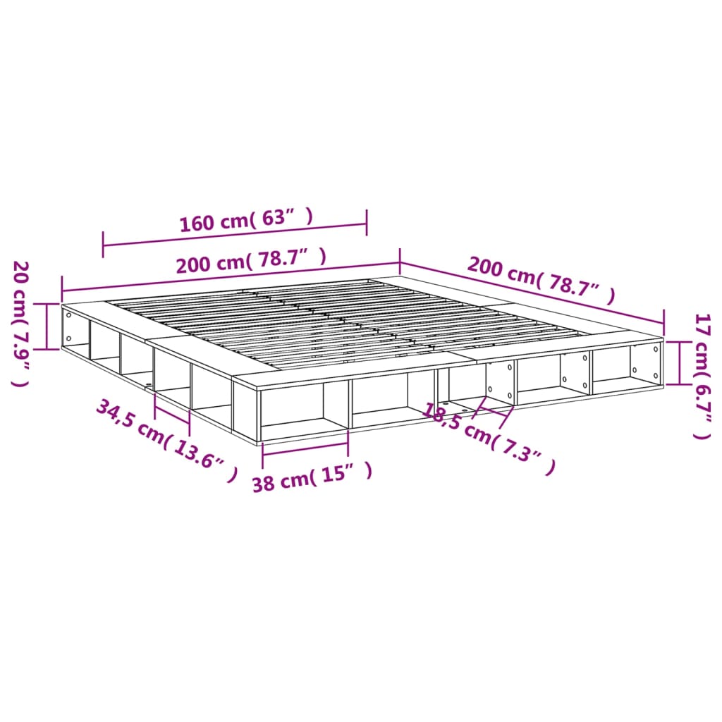 sengestel 200x200 cm konstrueret træ grå sonoma-eg