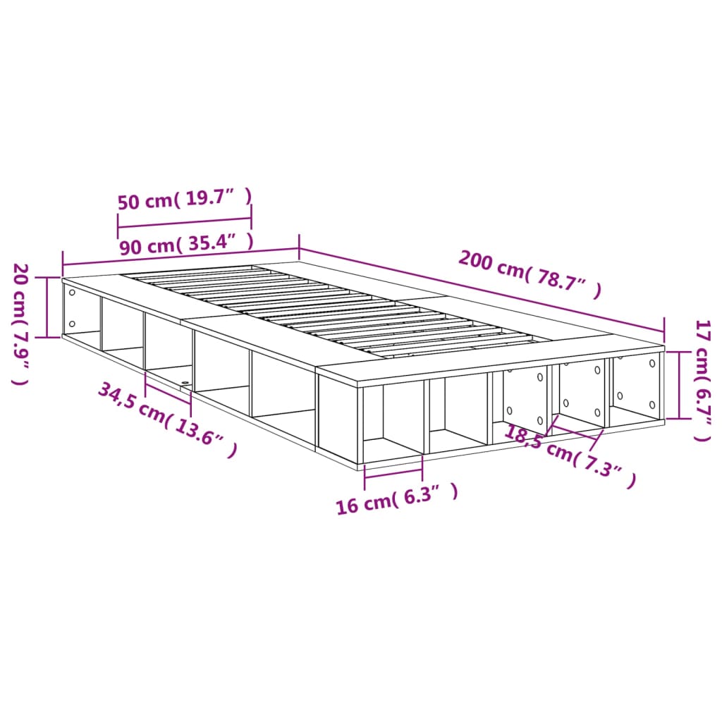 sengeramme 90x200 cm konstrueret træ grå sonoma-eg