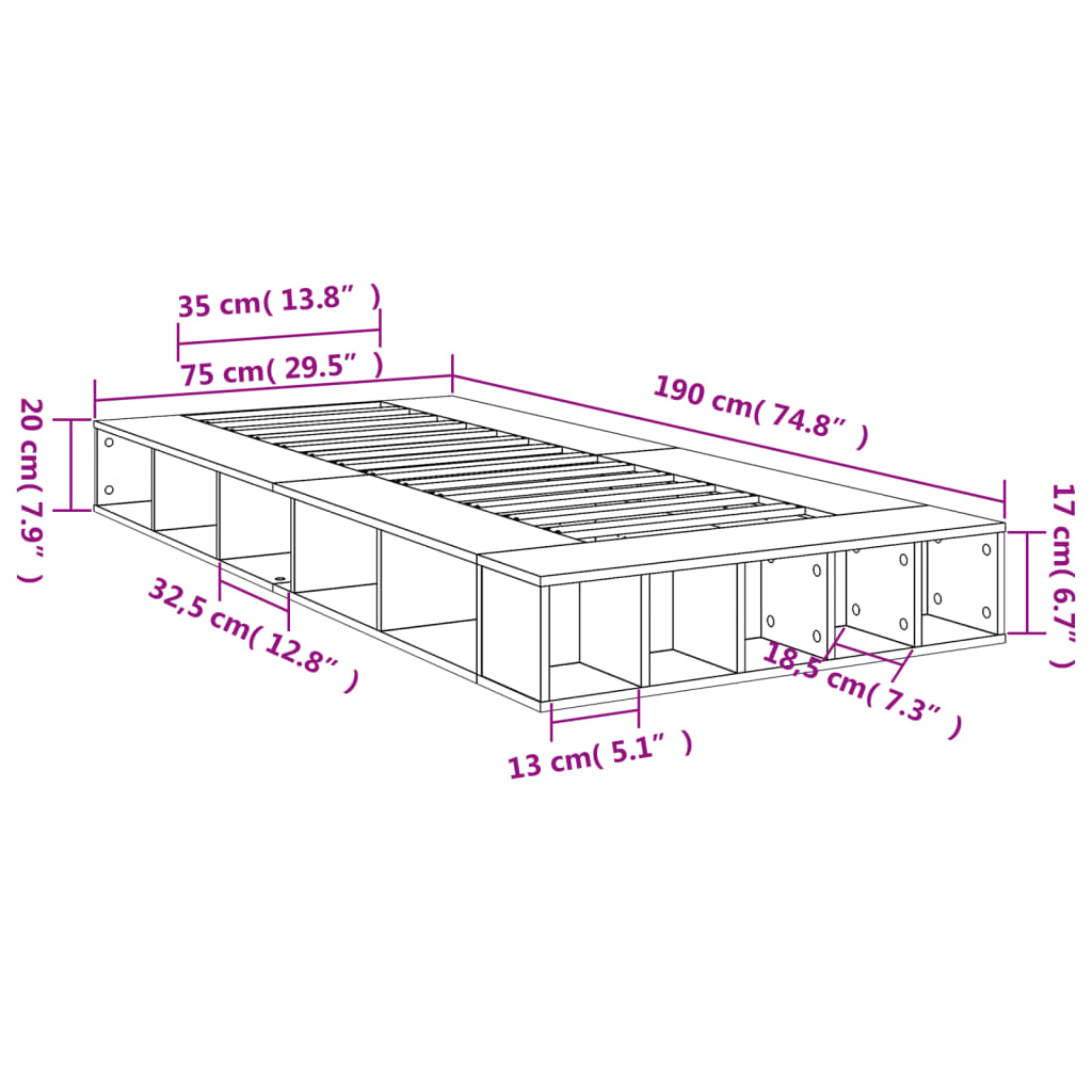 sengeramme 75x190 cm konstrueret træ grå sonoma-eg