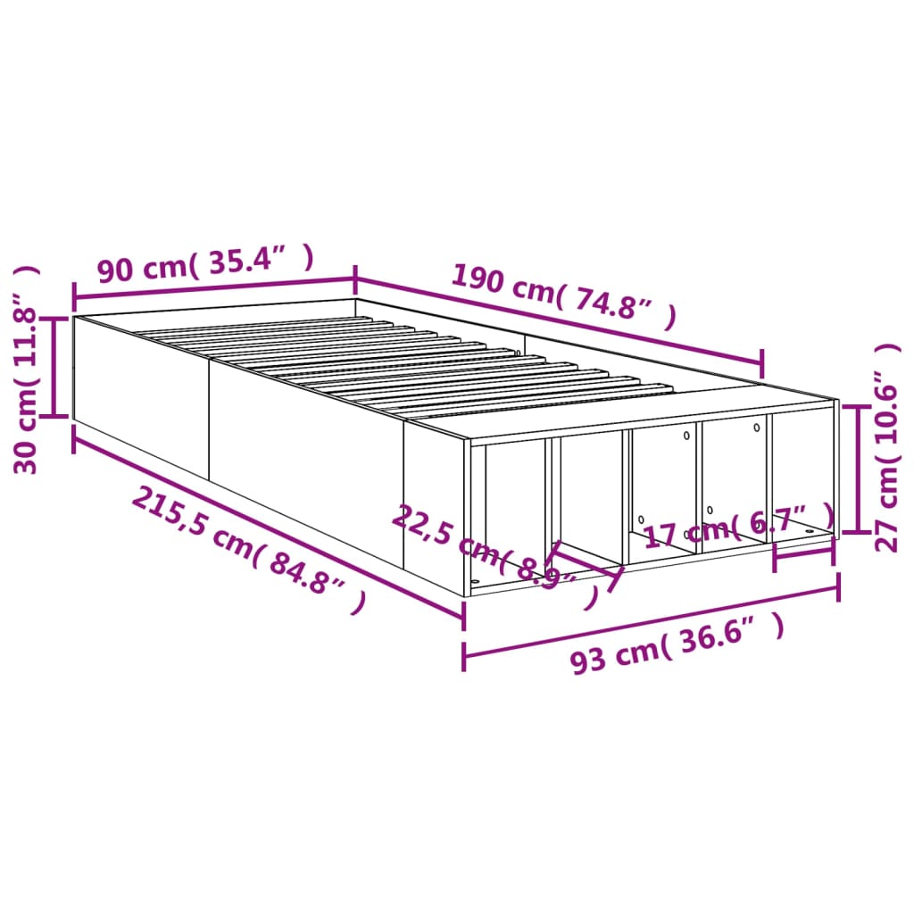 sengeramme 90x190 cm konstrueret træ sort