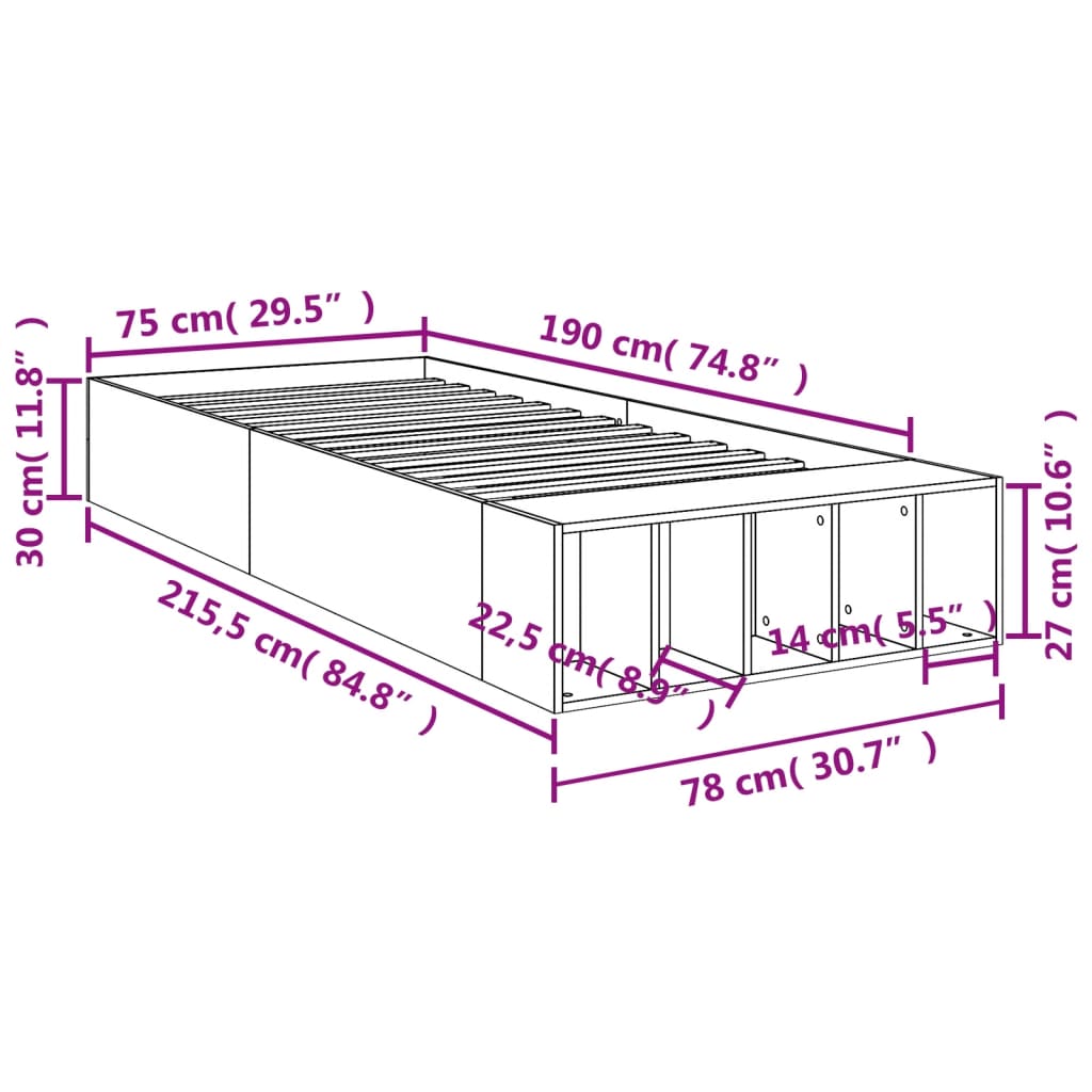 sengeramme 75x190 cm konstrueret træ grå sonoma-eg