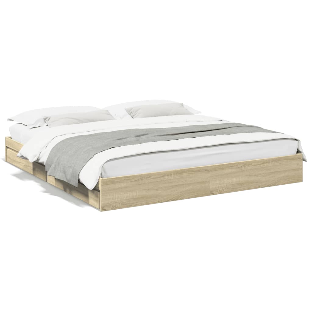 sengeramme med skuffer 200x200 cm konstrueret træ sonoma-eg