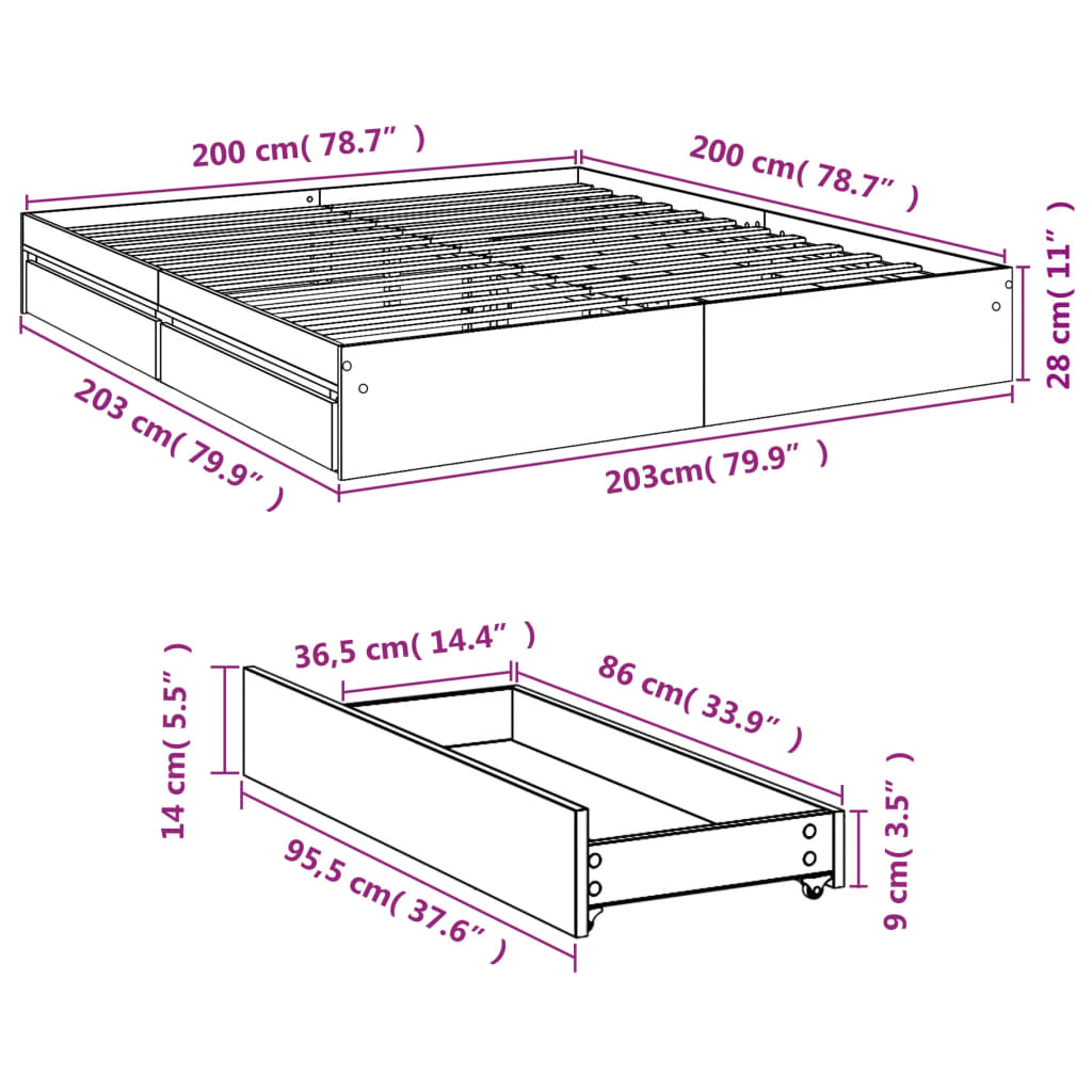 sengeramme med skuffer 200x200 cm konstrueret træ sonoma-eg