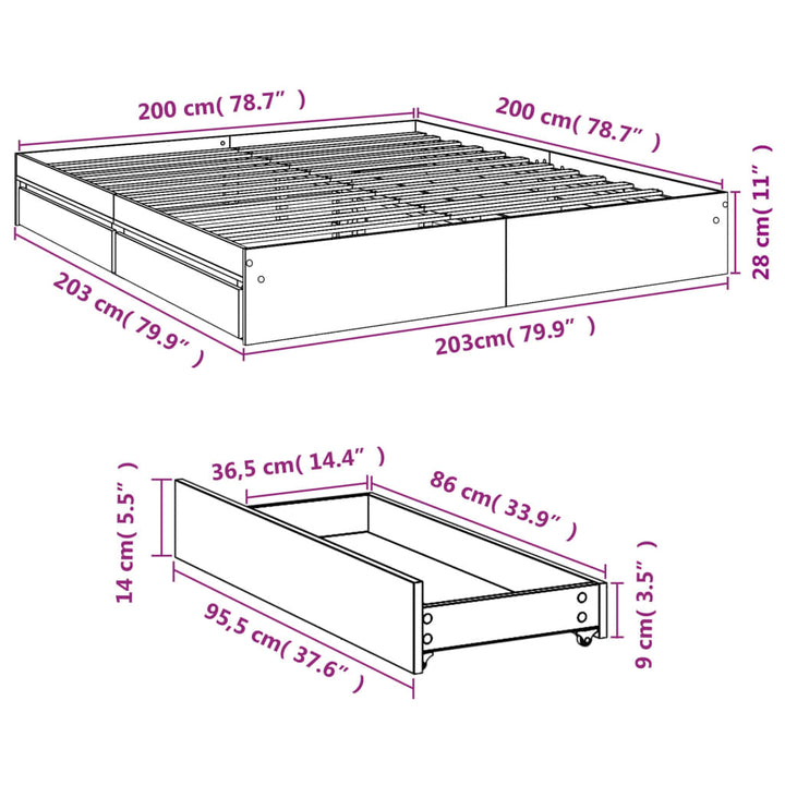 sengeramme med skuffer 200x200 cm konstrueret træ sonoma-eg