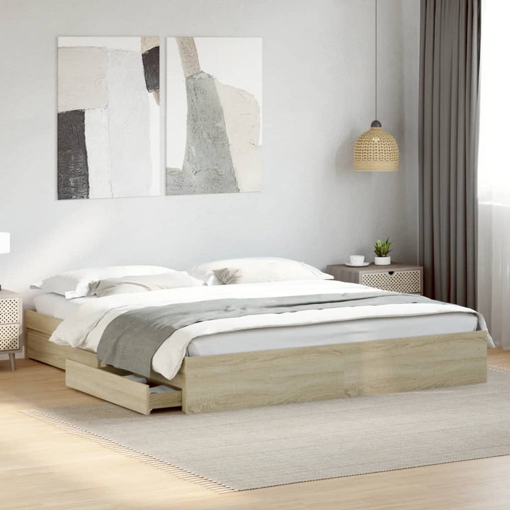 sengeramme med skuffer 200x200 cm konstrueret træ sonoma-eg