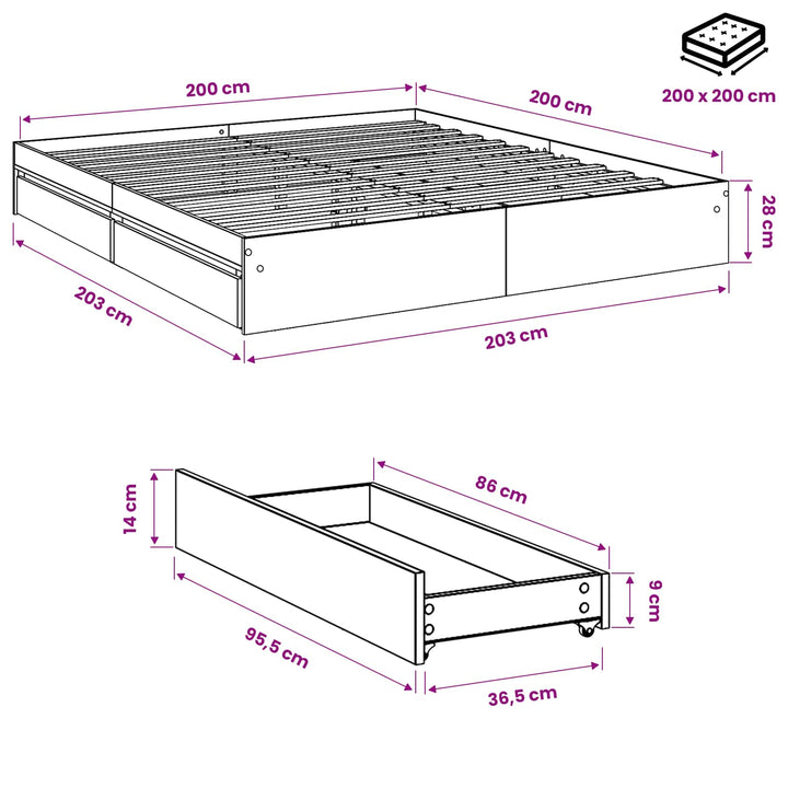 sengeramme med skuffer 200x200 cm konstrueret træ sonoma-eg
