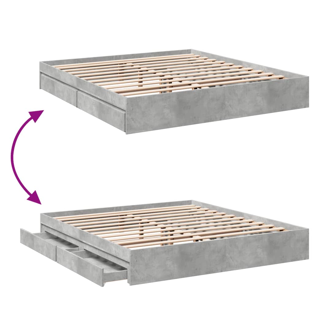sengeramme med skuffer 200x200 cm konstrueret træ betongrå