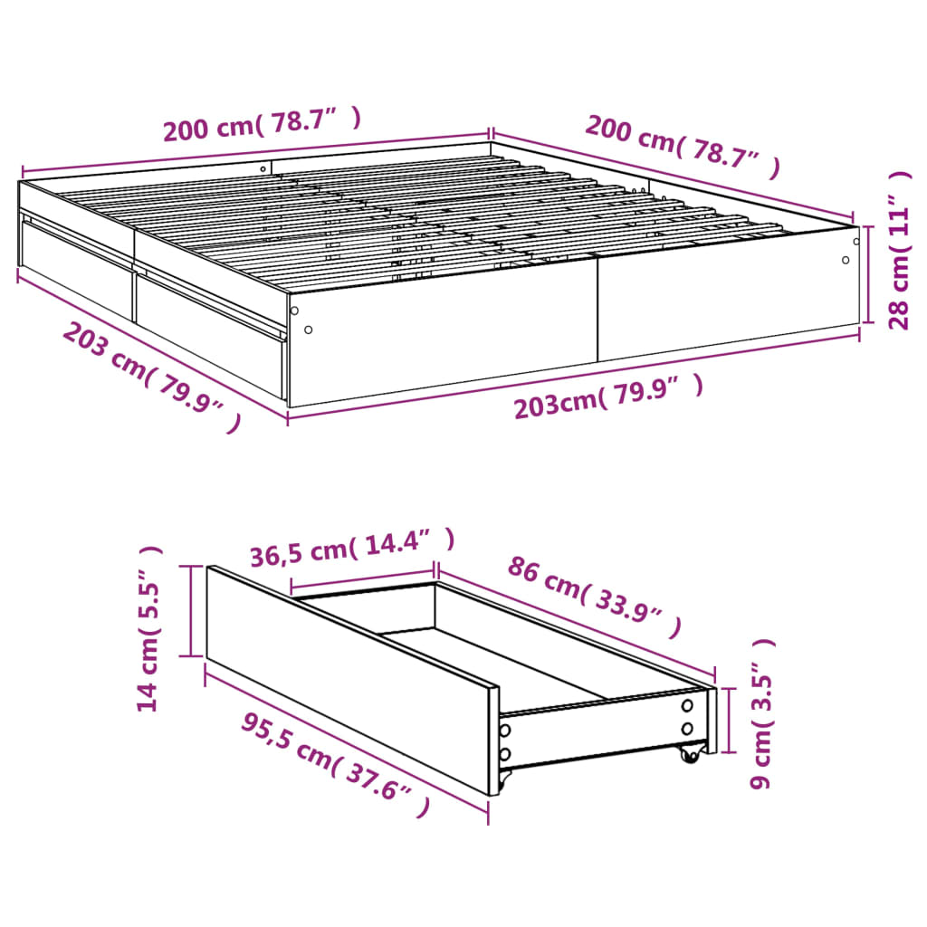 sengeramme med skuffer 200x200 cm konstrueret træ røget eg