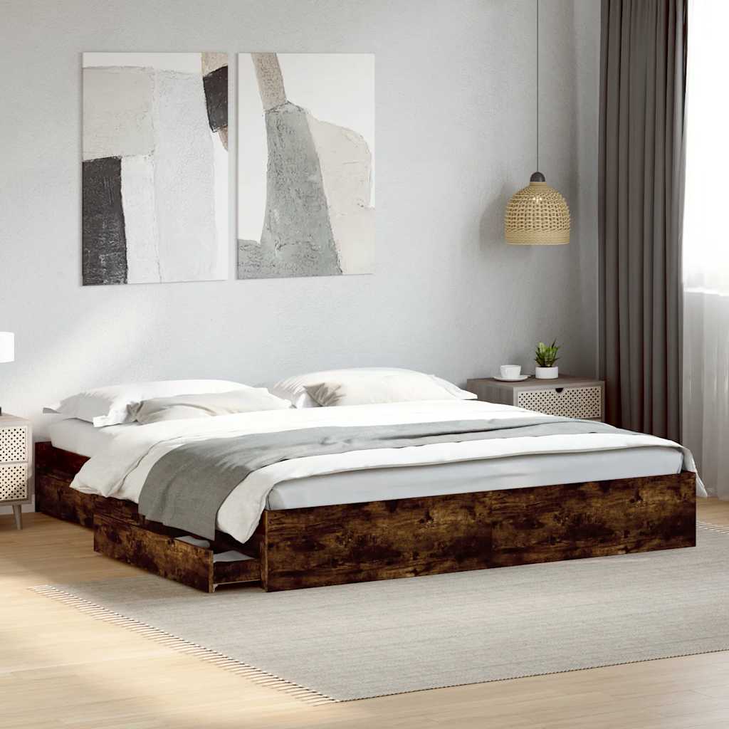 sengeramme med skuffer 180x200 cm konstrueret træ røget eg