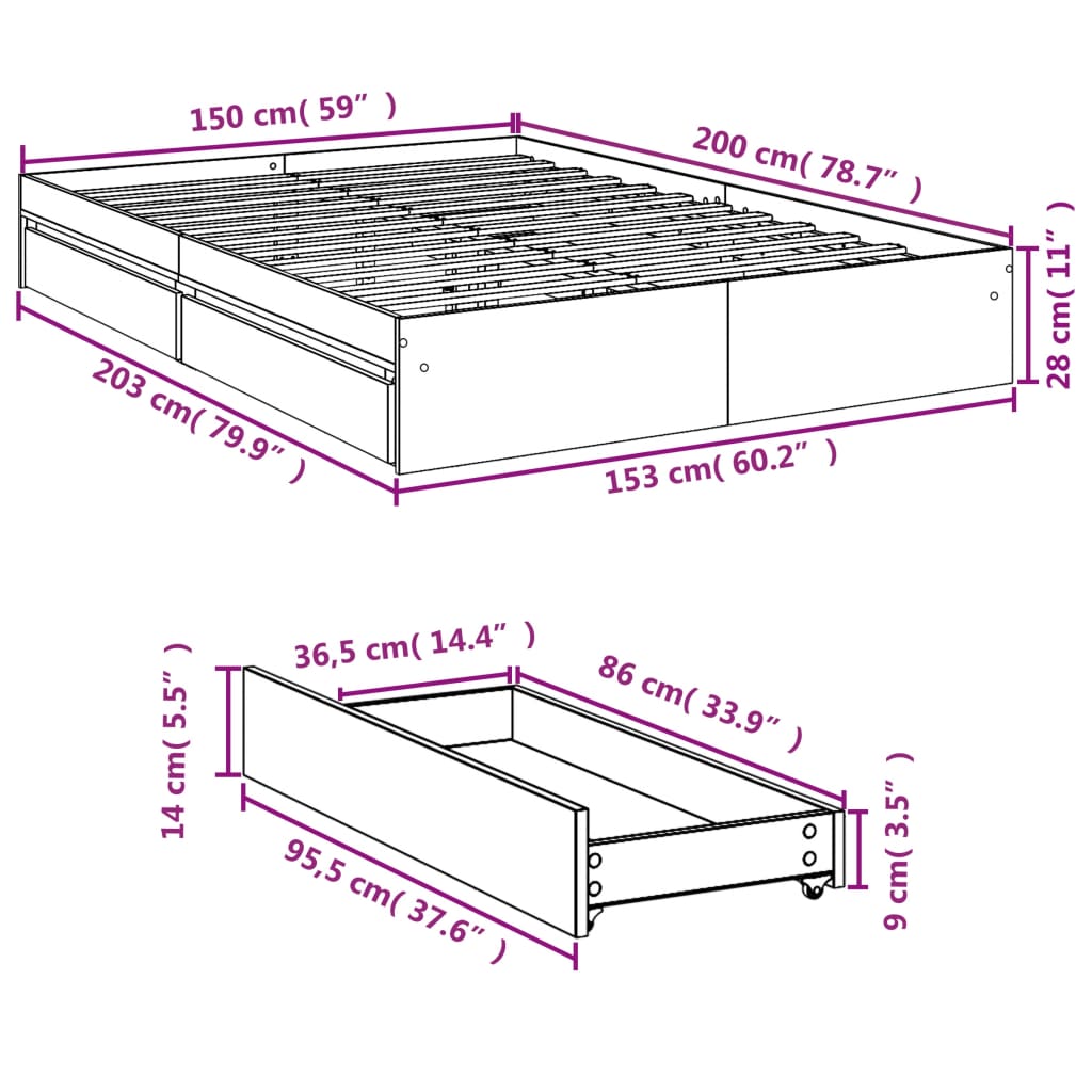 sengeramme med skuffer 150x200 cm konstrueret træ grå sonoma-eg