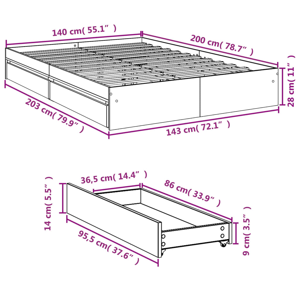 sengeramme med skuffer 140x200 cm konstrueret træ grå sonoma-eg