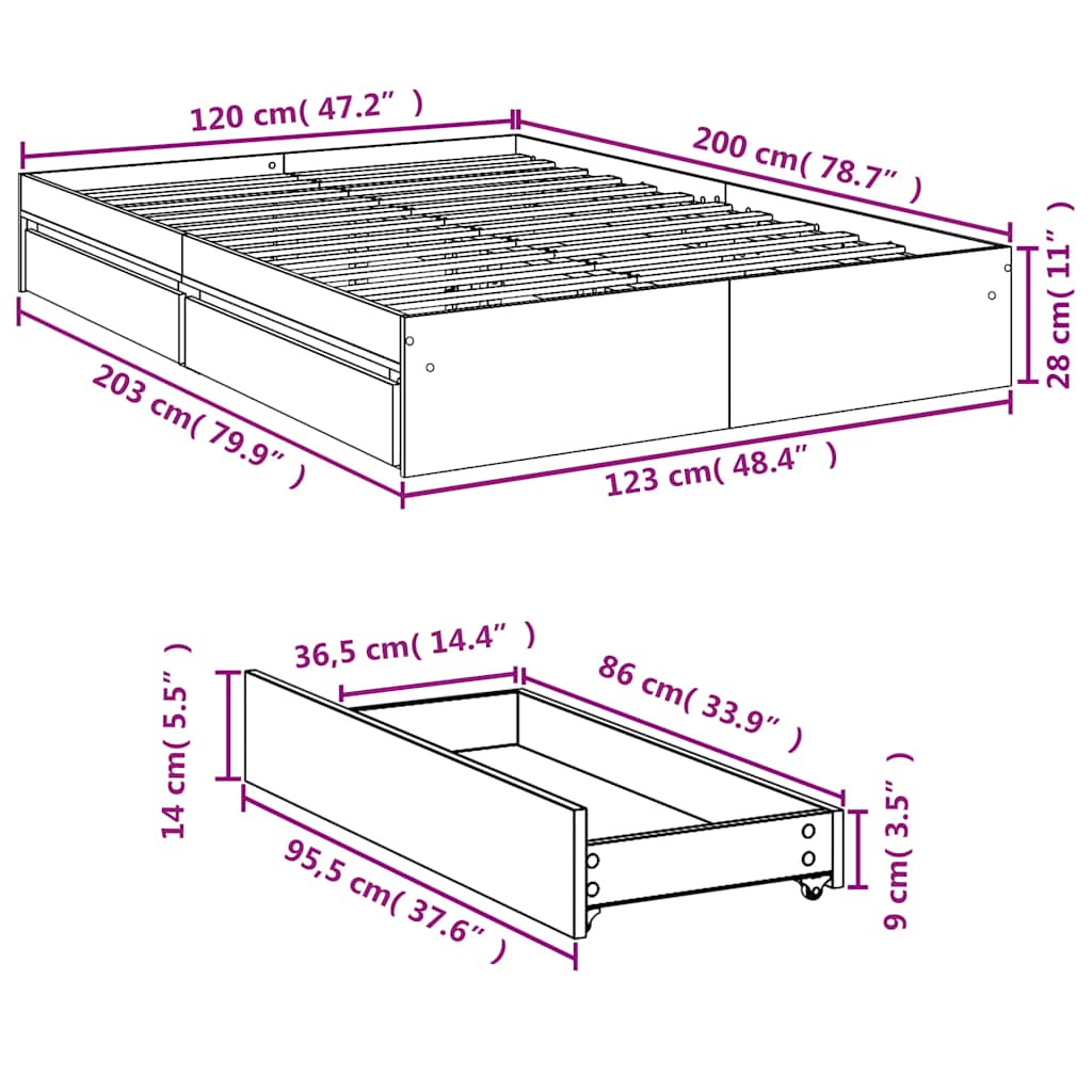 sengeramme med skuffer 120x200 cm konstrueret træ hvid