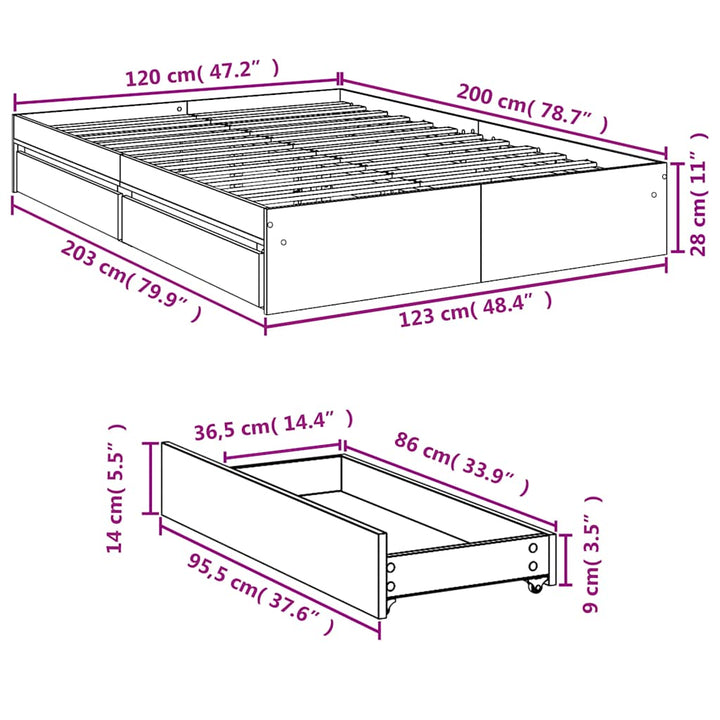 sengeramme med skuffer 120x200 cm konstrueret træ hvid