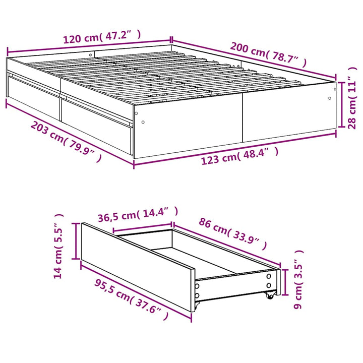 sengeramme med skuffer 120x200 cm konstrueret træ sonoma-eg