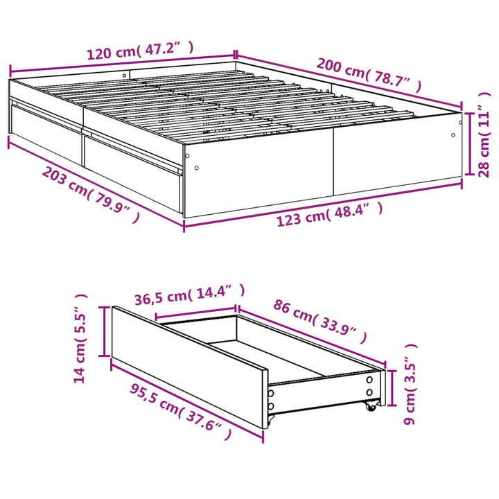 sengeramme med skuffer 120x200 cm konstrueret træ røget eg