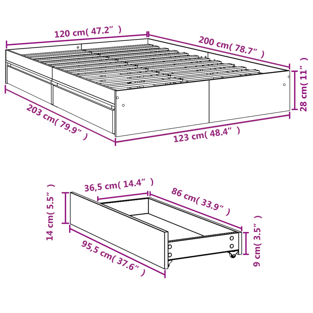 sengeramme med skuffer 120x200 cm konstrueret træ grå sonoma-eg