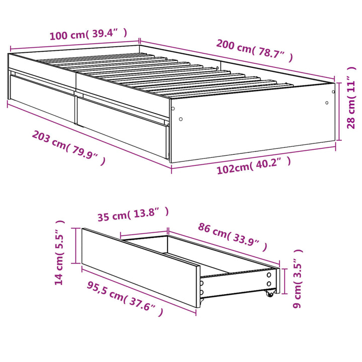 sengeramme med skuffer 100x200 cm konstrueret træ sonoma-eg