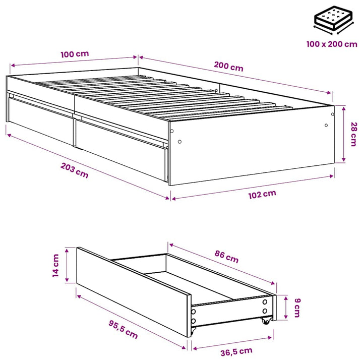 sengeramme med skuffer 100x200 cm konstrueret træ betongrå