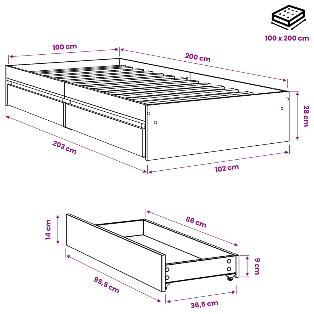 sengeramme med skuffer 100x200 cm konstrueret træ betongrå