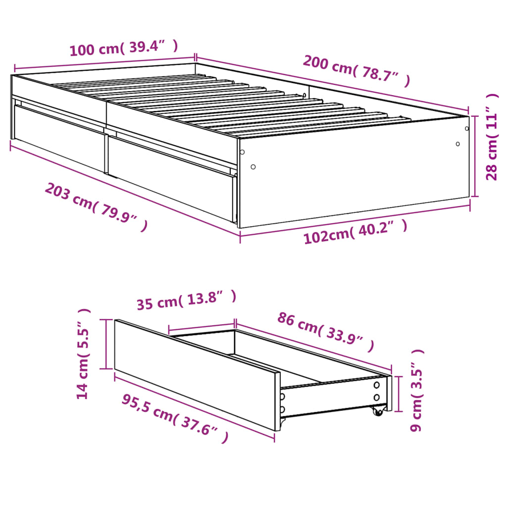 sengeramme med skuffer 100x200 cm konstrueret træ grå sonoma-eg