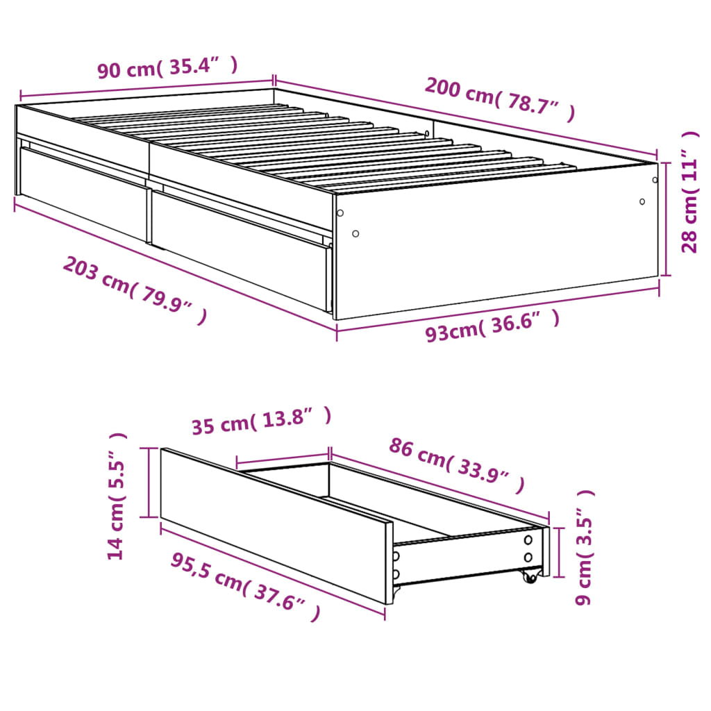 sengeramme med skuffer 90x200 cm konstrueret træ grå sonoma-eg