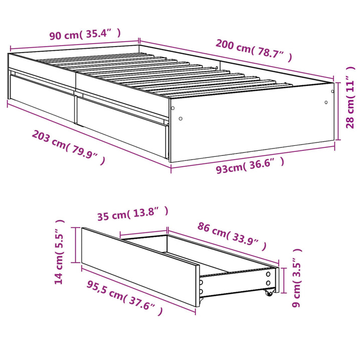 sengeramme med skuffer 90x200 cm konstrueret træ grå sonoma-eg